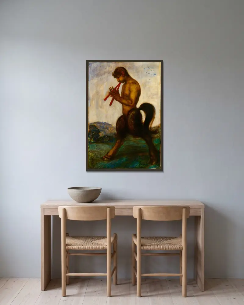Pan med dubbelflöjt av Franz von Stuck inramad på en vägg
