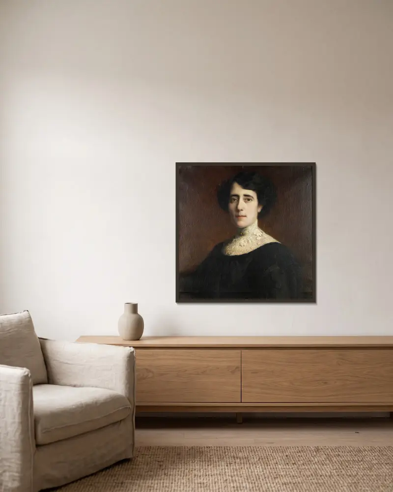 Portrait einer Dame mit Spitzenkragen av Franz von Stuck inramad på en vägg
