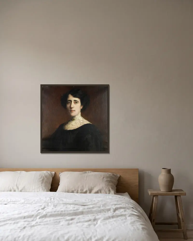 Portrait einer Dame mit Spitzenkragen av Franz von Stuck inramad på en vägg