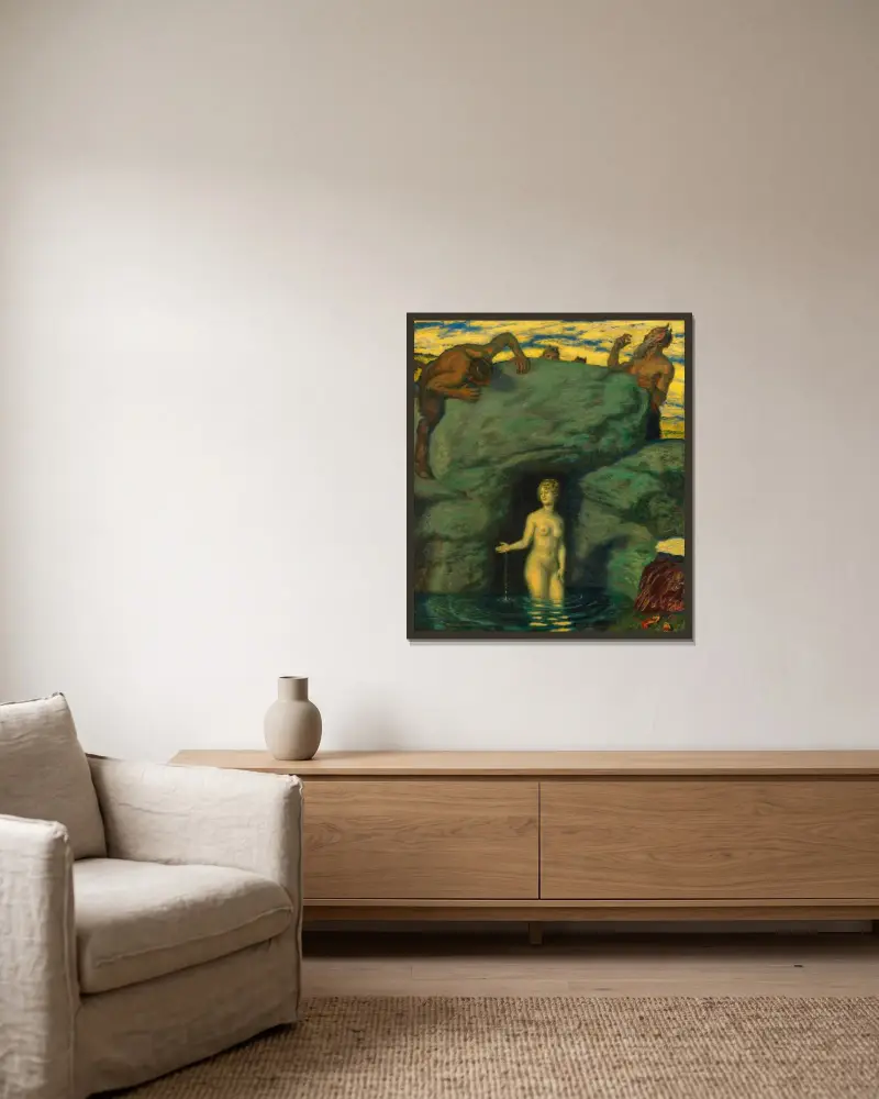 Källnymf belurad av fauner av Franz von Stuck inramad på en vägg