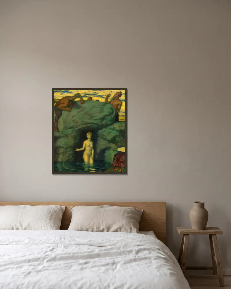 Källnymf belurad av fauner av Franz von Stuck inramad på en vägg