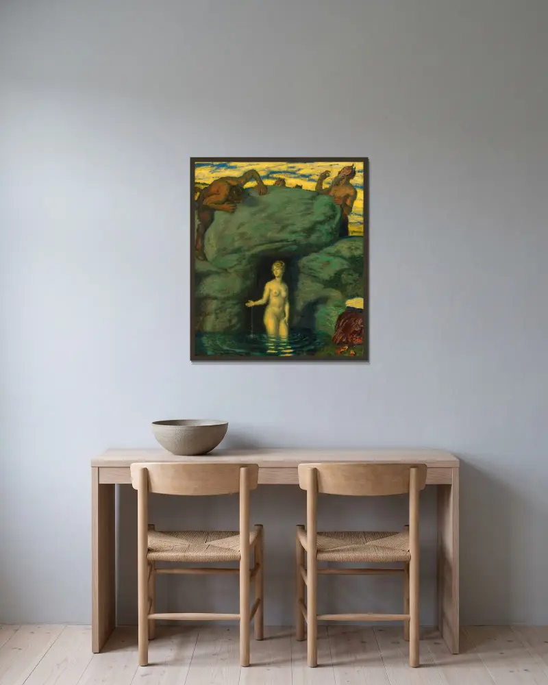 Källnymf belurad av fauner av Franz von Stuck inramad på en vägg