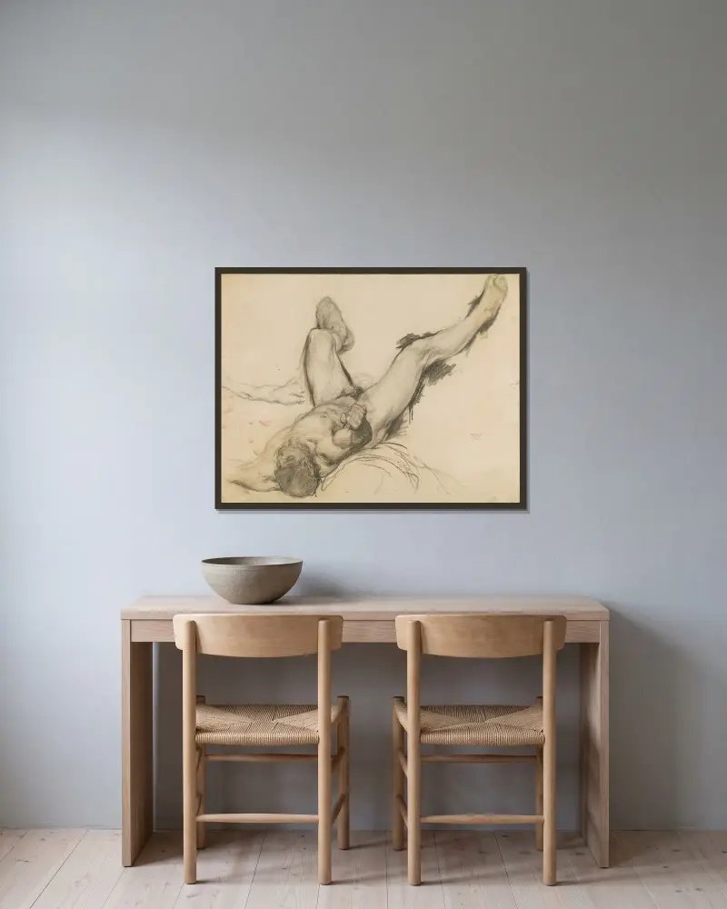 Liggande manlig nakenstudie av Franz von Stuck inramad på en vägg