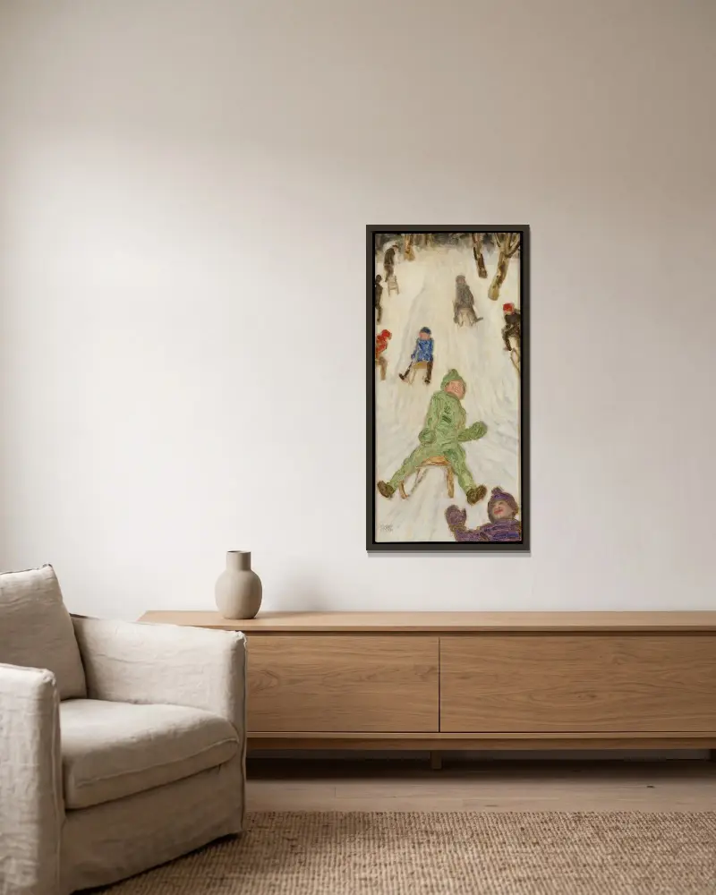 Slädfärd ; Kälkåkande barn av Franz von Stuck inramad på en vägg