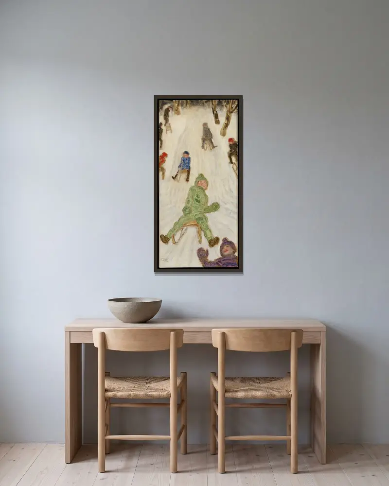 Slädfärd ; Kälkåkande barn av Franz von Stuck inramad på en vägg