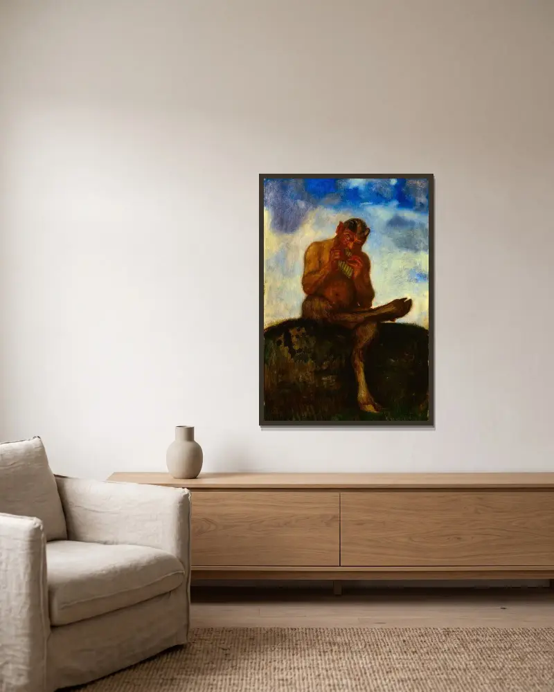 Sittande Pan med flöjt av Franz von Stuck inramad på en vägg