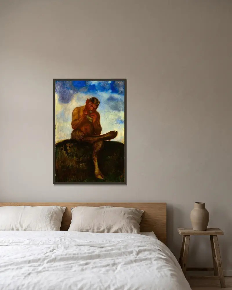 Sittande Pan med flöjt av Franz von Stuck inramad på en vägg