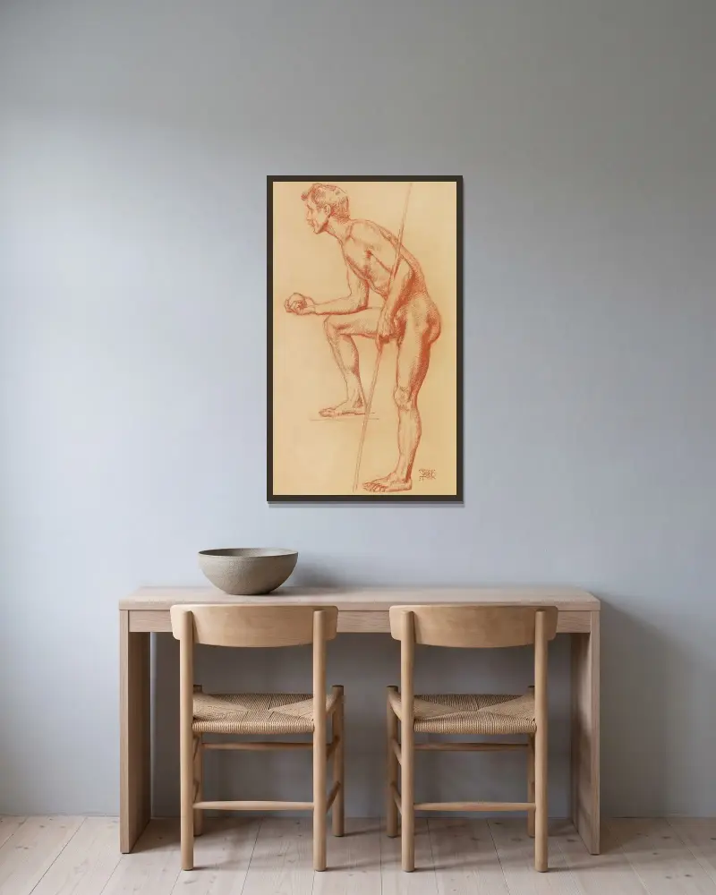 Stående man med äpple och lans av Franz von Stuck inramad på en vägg