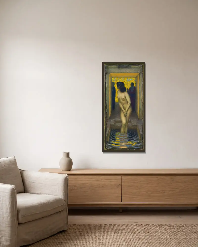 Susanna i badet av Franz von Stuck inramad på en vägg