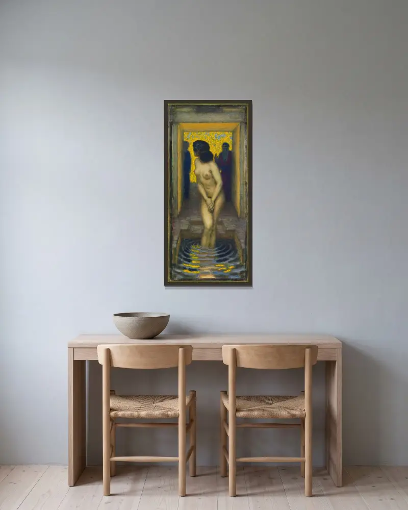 Susanna i badet av Franz von Stuck inramad på en vägg