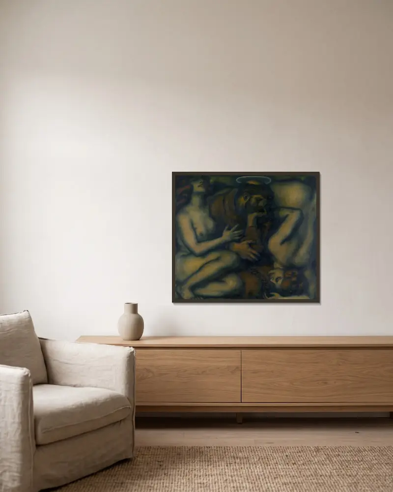 Frestelsen av Franz von Stuck inramad på en vägg