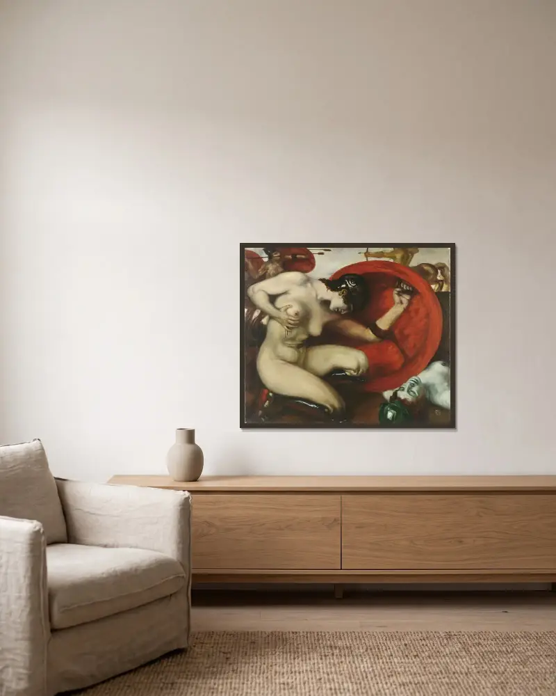 Sårad amason av Franz von Stuck inramad på en vägg
