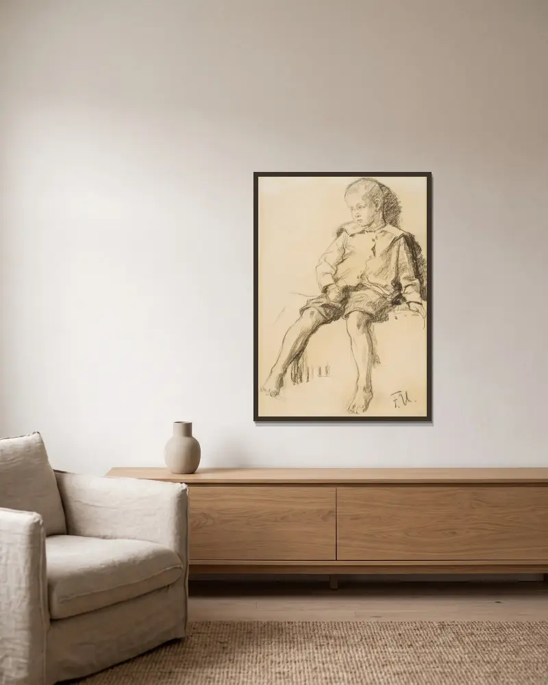 Sitzender Junge mit nackten Beinen von Fritz von Uhde gerahmt an einer Wand