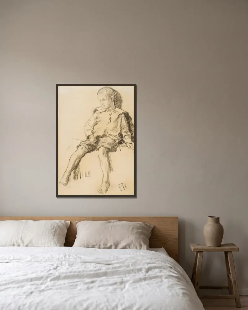 Sitzender Junge mit nackten Beinen von Fritz von Uhde gerahmt an einer Wand