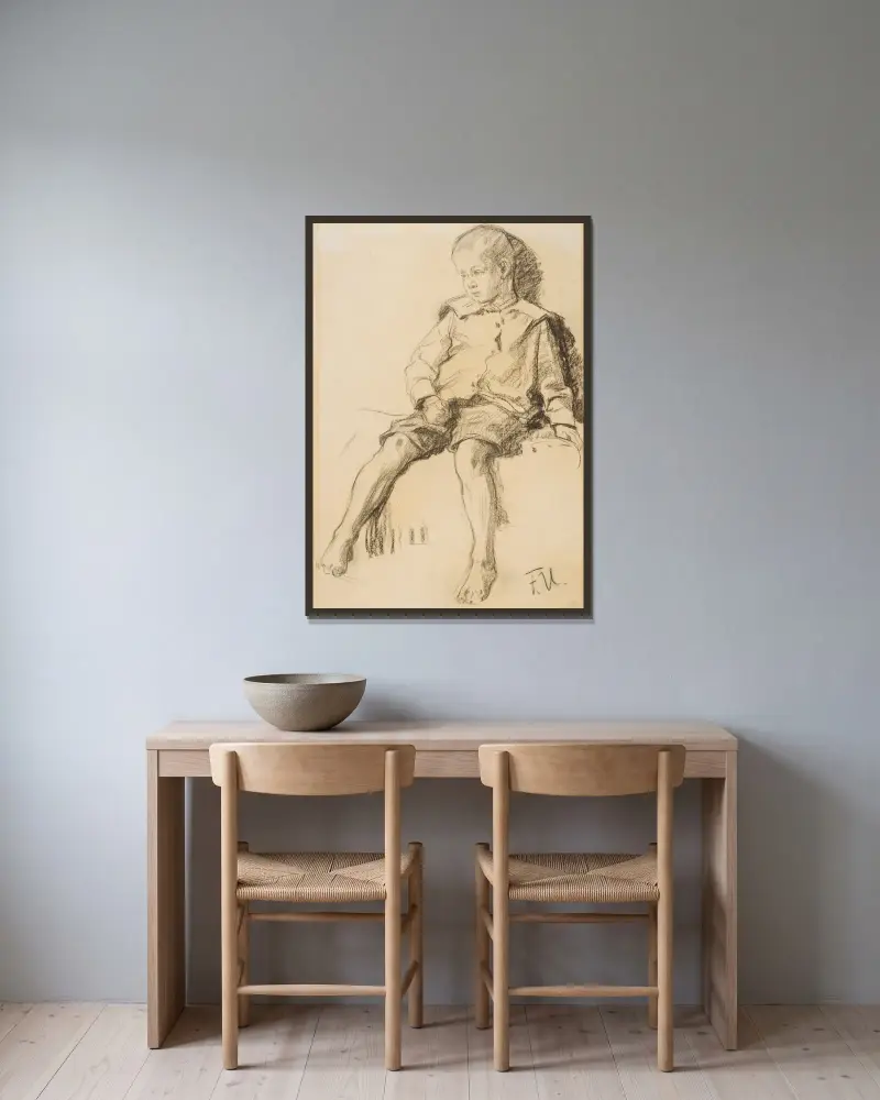 Sitzender Junge mit nackten Beinen von Fritz von Uhde gerahmt an einer Wand