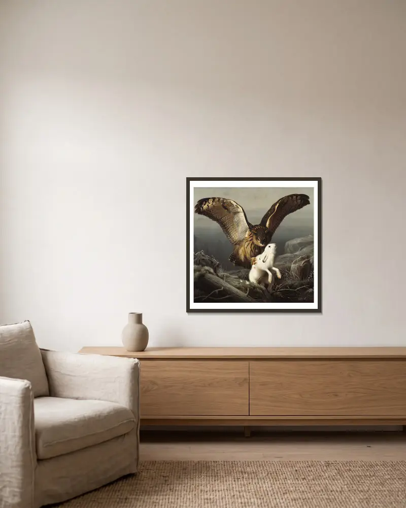 Ein Uhu schlägt einen Hasen von Ferdinand von Wright gerahmt an einer Wand