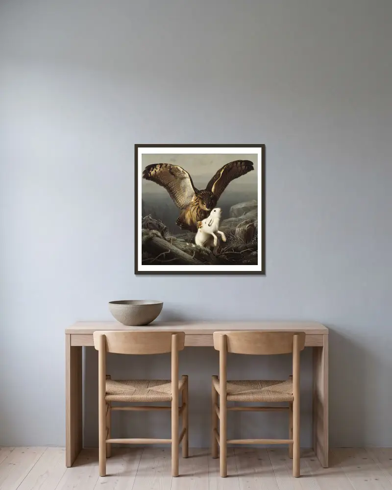 Ein Uhu schlägt einen Hasen von Ferdinand von Wright gerahmt an einer Wand