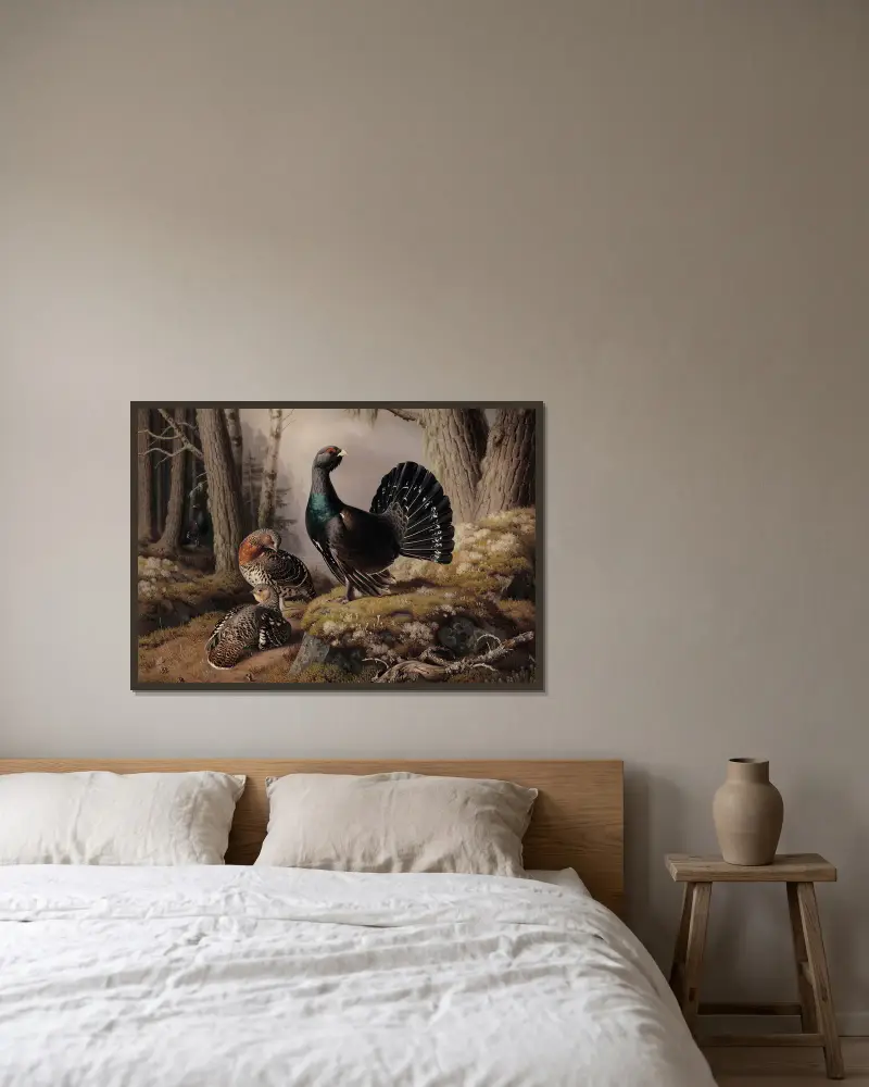 Auerhähne beim Balzen von Ferdinand von Wright gerahmt an einer Wand