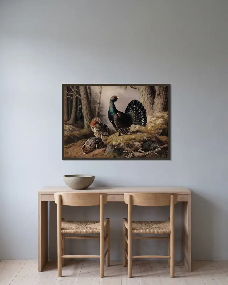 Auerhähne beim Balzen von Ferdinand von Wright gerahmt an einer Wand