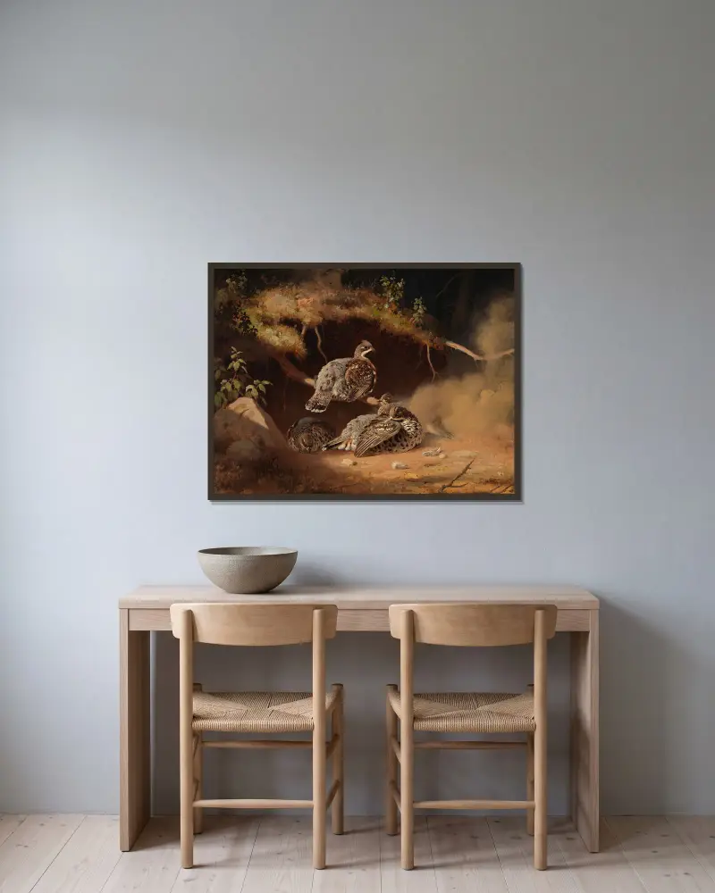 Jeřábek se popelí v písku, Ferdinand von Wright v rámu na stěně