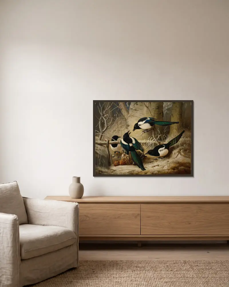 Magpies Round A Dead Female Capercaillie av Ferdinand von Wright inramad på en vägg