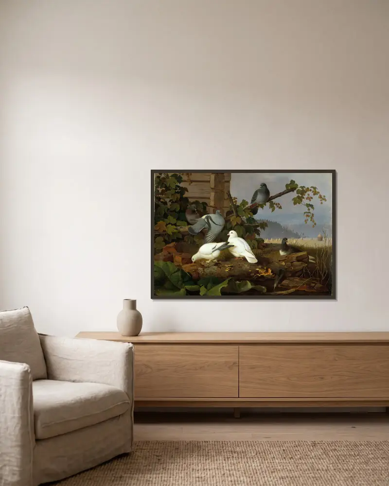 Pigeons av Ferdinand von Wright inramad på en vägg