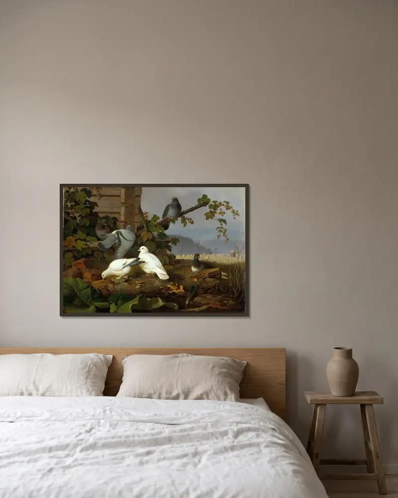 Pigeons av Ferdinand von Wright inramad på en vägg