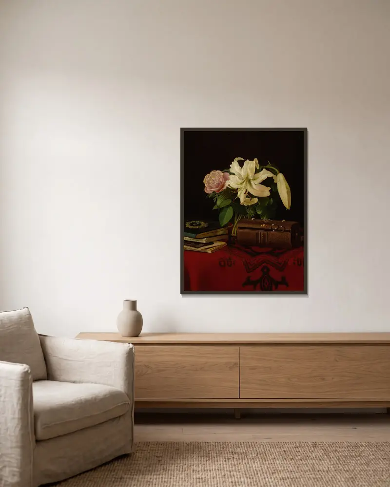 Stilleben auf dem Arbeitstisch einer Dame von Ferdinand von Wright gerahmt an einer Wand