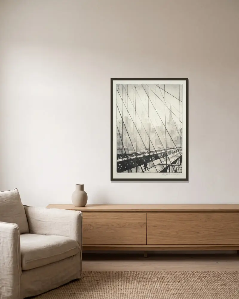 Pohled skrz Brooklyn Bridge, Christopher R. W. Nevinson v rámu na stěně