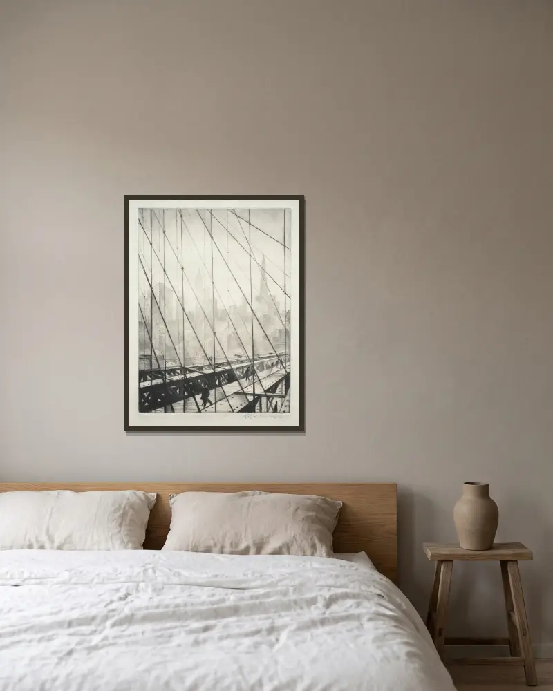 Pohled skrz Brooklyn Bridge, Christopher R. W. Nevinson v rámu na stěně