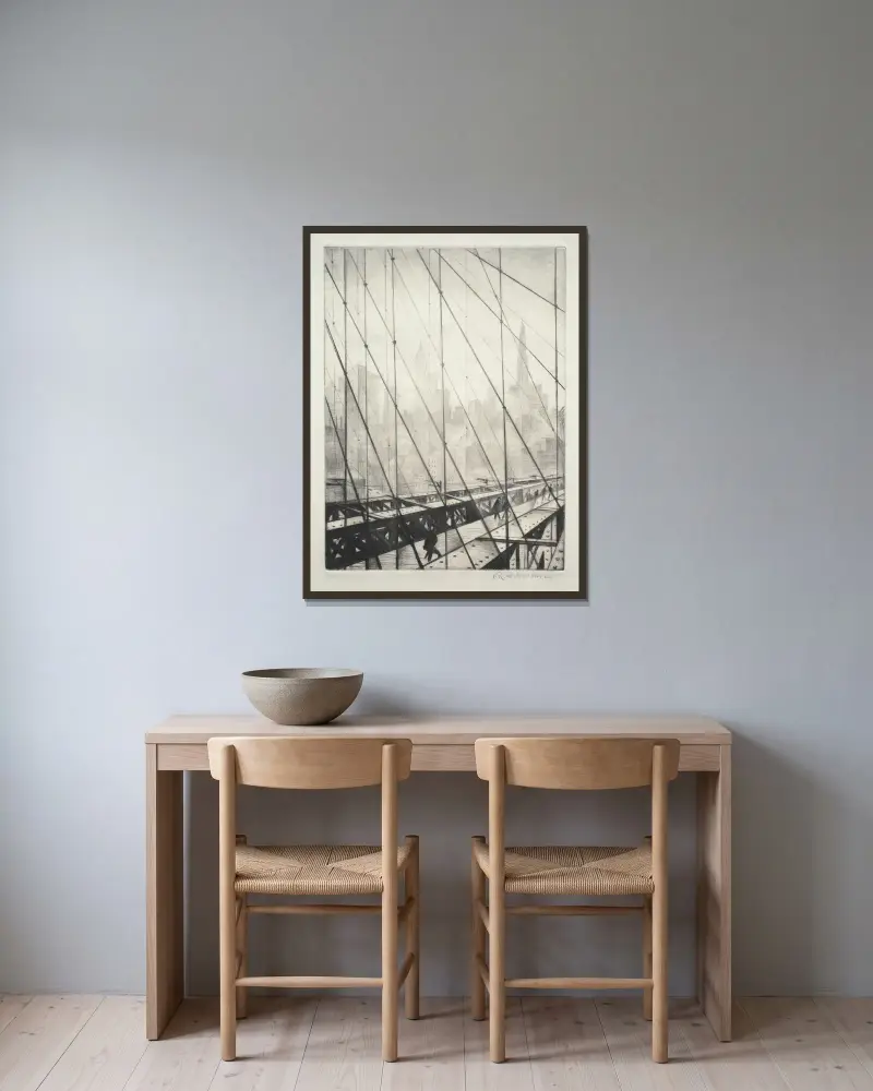 Pohled skrz Brooklyn Bridge, Christopher R. W. Nevinson v rámu na stěně