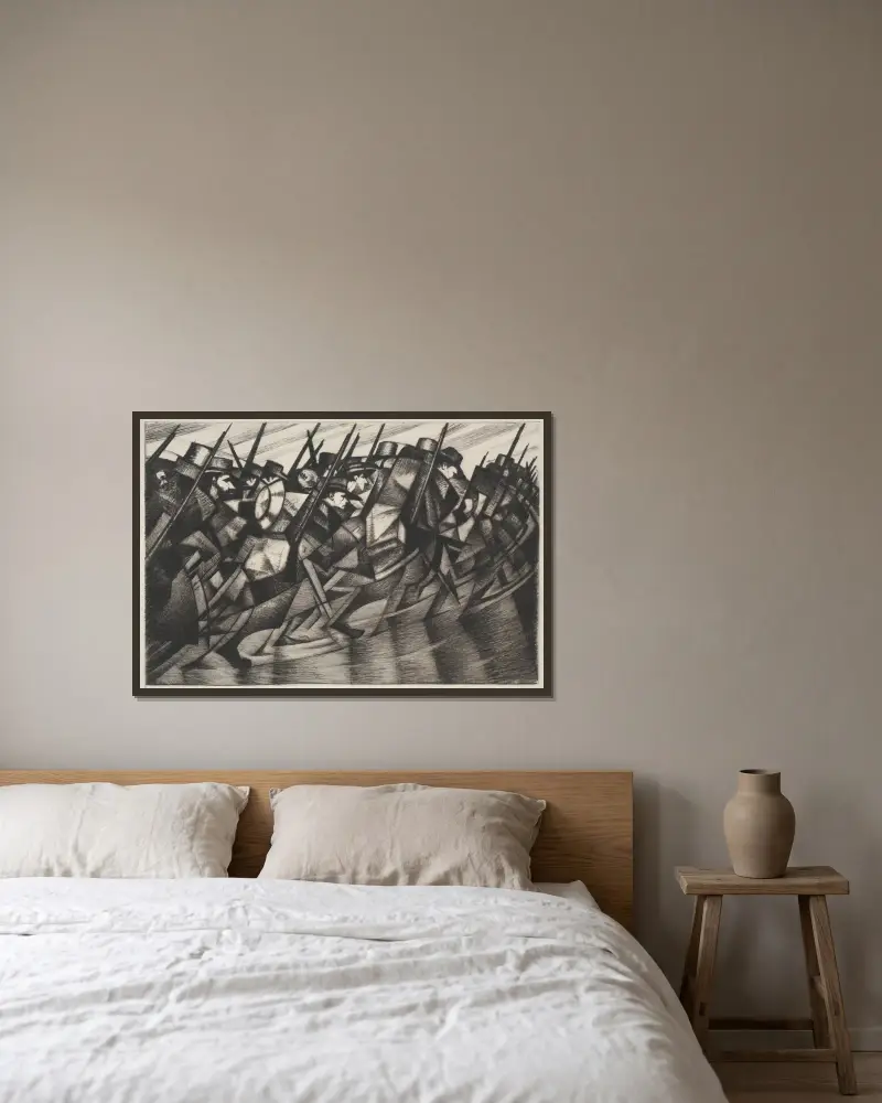 Rückkehr in die Schützengräben von Christopher R. W. Nevinson gerahmt an einer Wand
