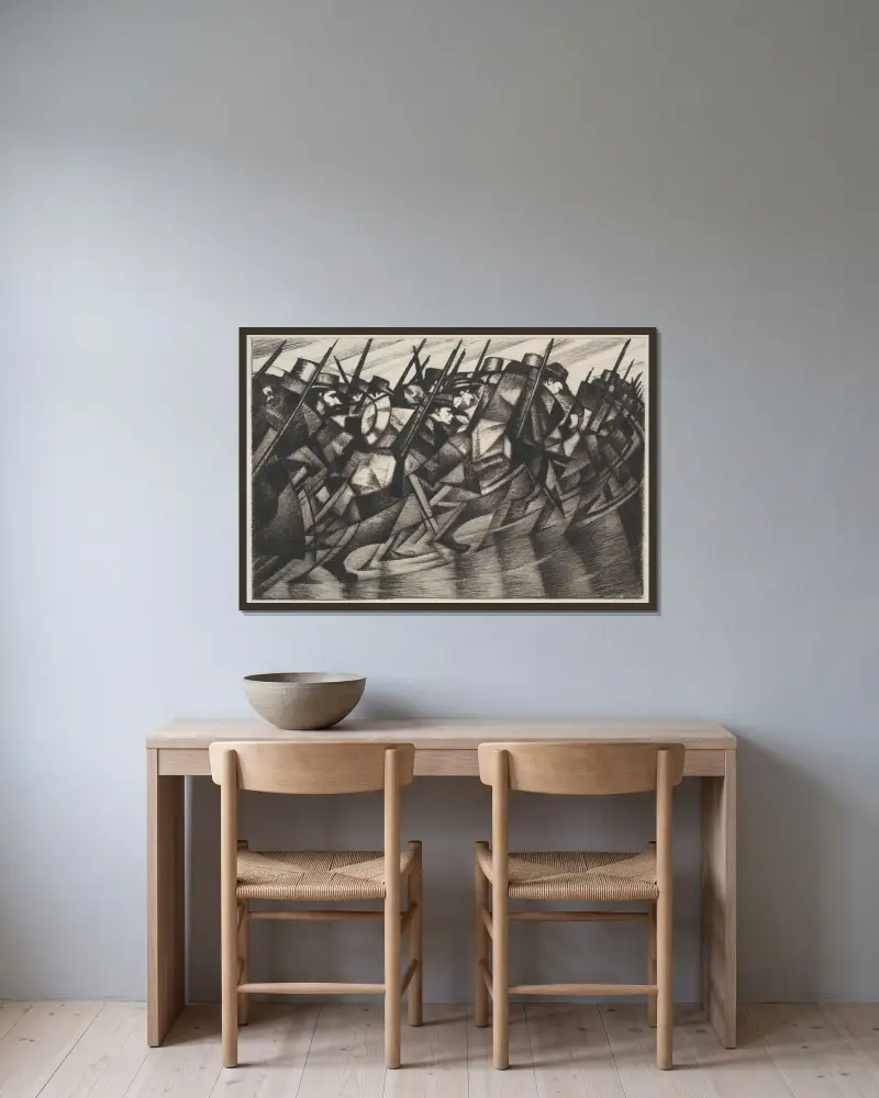 Rückkehr in die Schützengräben von Christopher R. W. Nevinson gerahmt an einer Wand