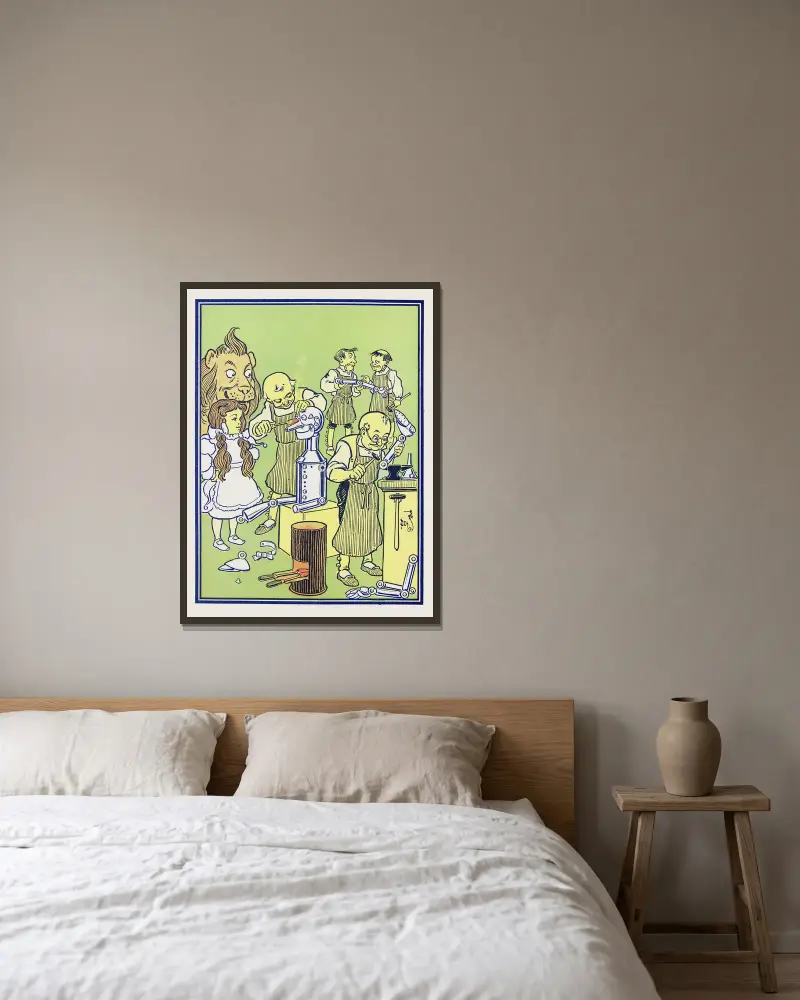 Die Klempner arbeiteten drei Tage und vier Nächte von William Wallace Denslow gerahmt an einer Wand