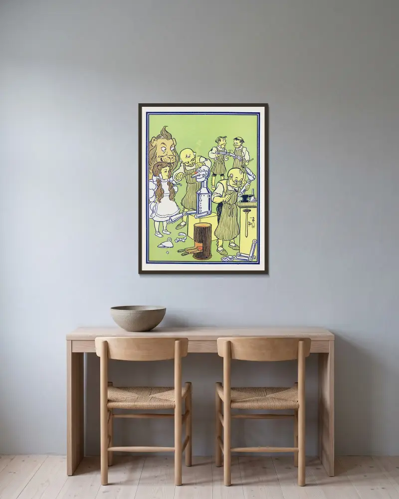 Die Klempner arbeiteten drei Tage und vier Nächte von William Wallace Denslow gerahmt an einer Wand