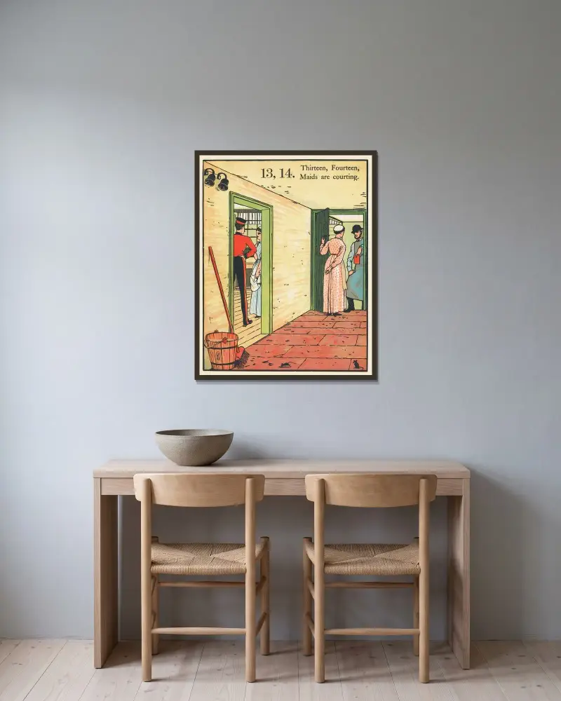 1, 2, buckle my shoe Pl 5 av Walter Crane inramad på en vägg