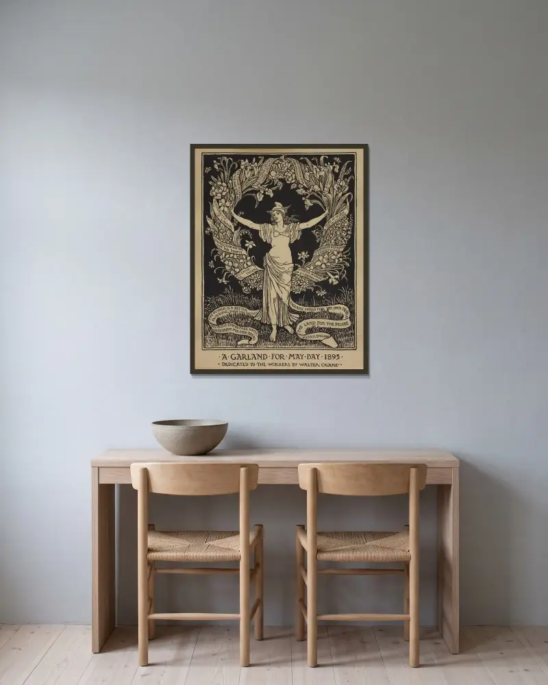 A Garland for May Day av Walter Crane inramad på en vägg