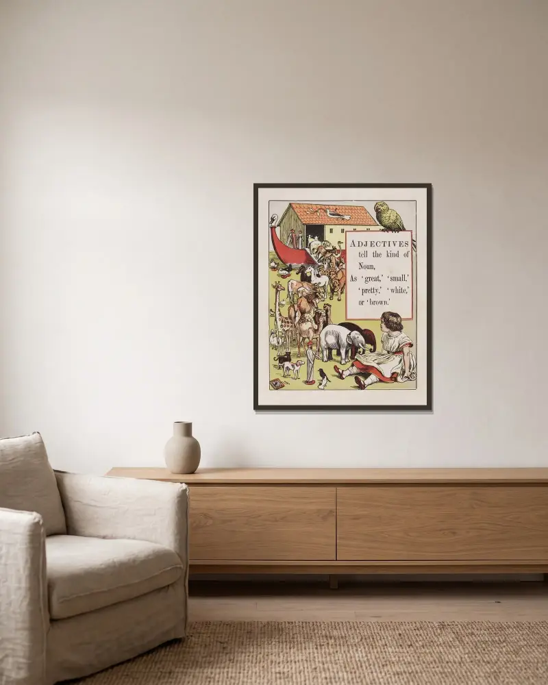 Adjektive von Walter Crane gerahmt an einer Wand