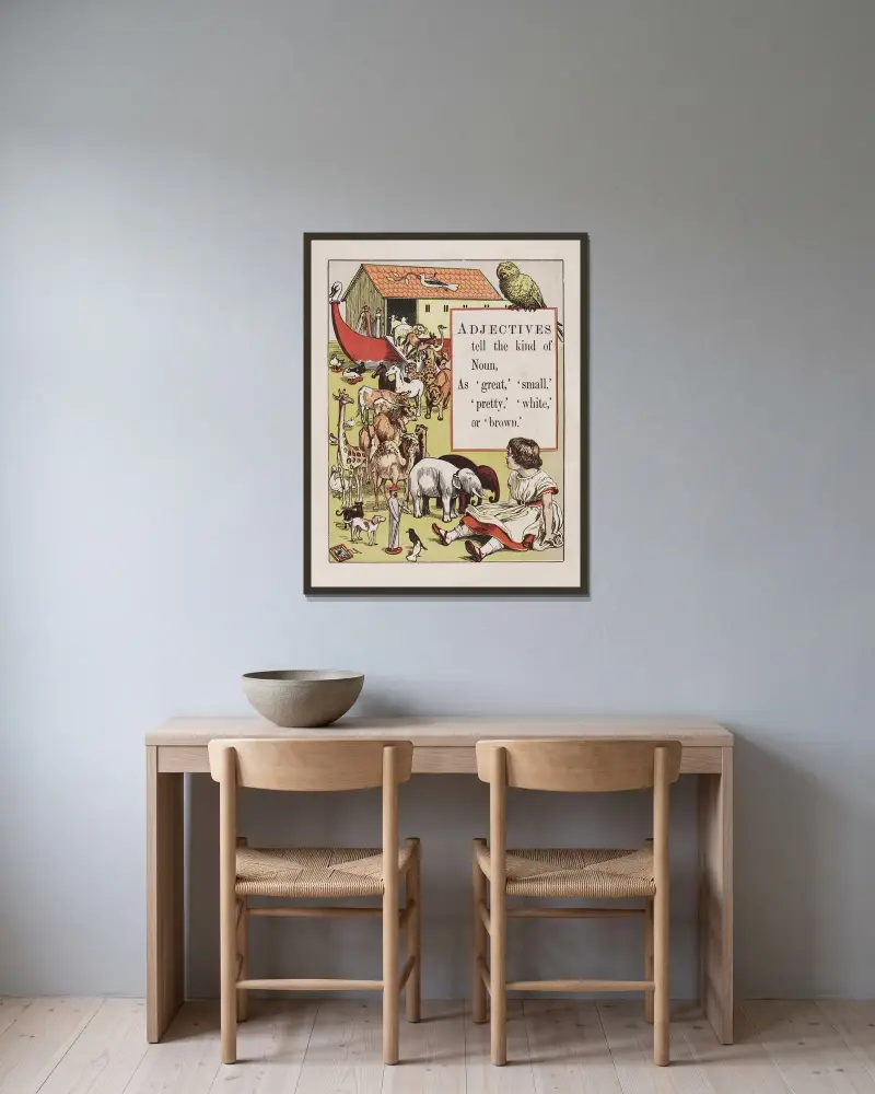 Adjektive von Walter Crane gerahmt an einer Wand