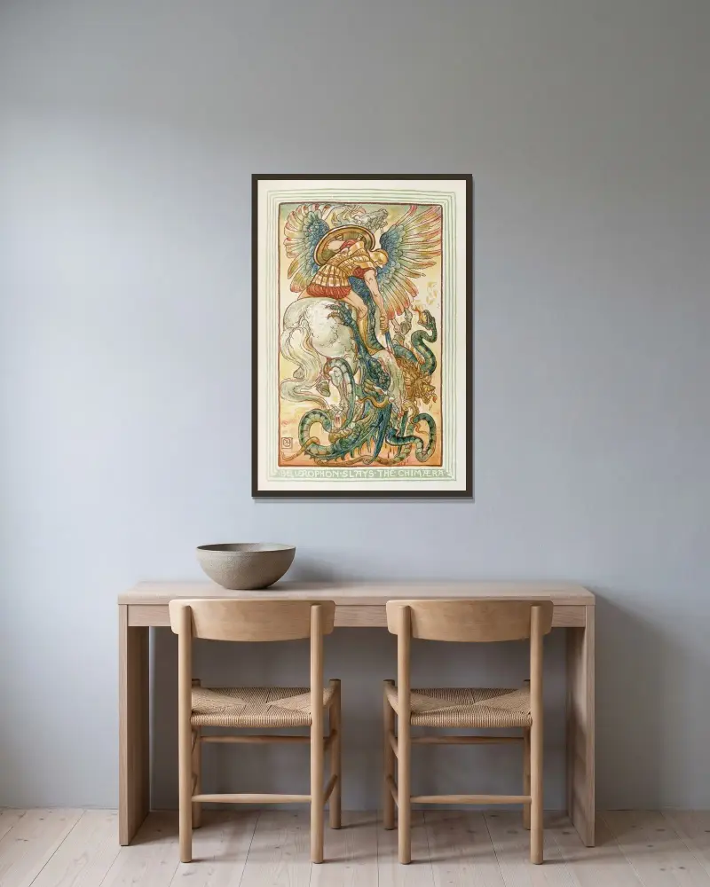 Bellerofon dräper chimäran av Walter Crane inramad på en vägg