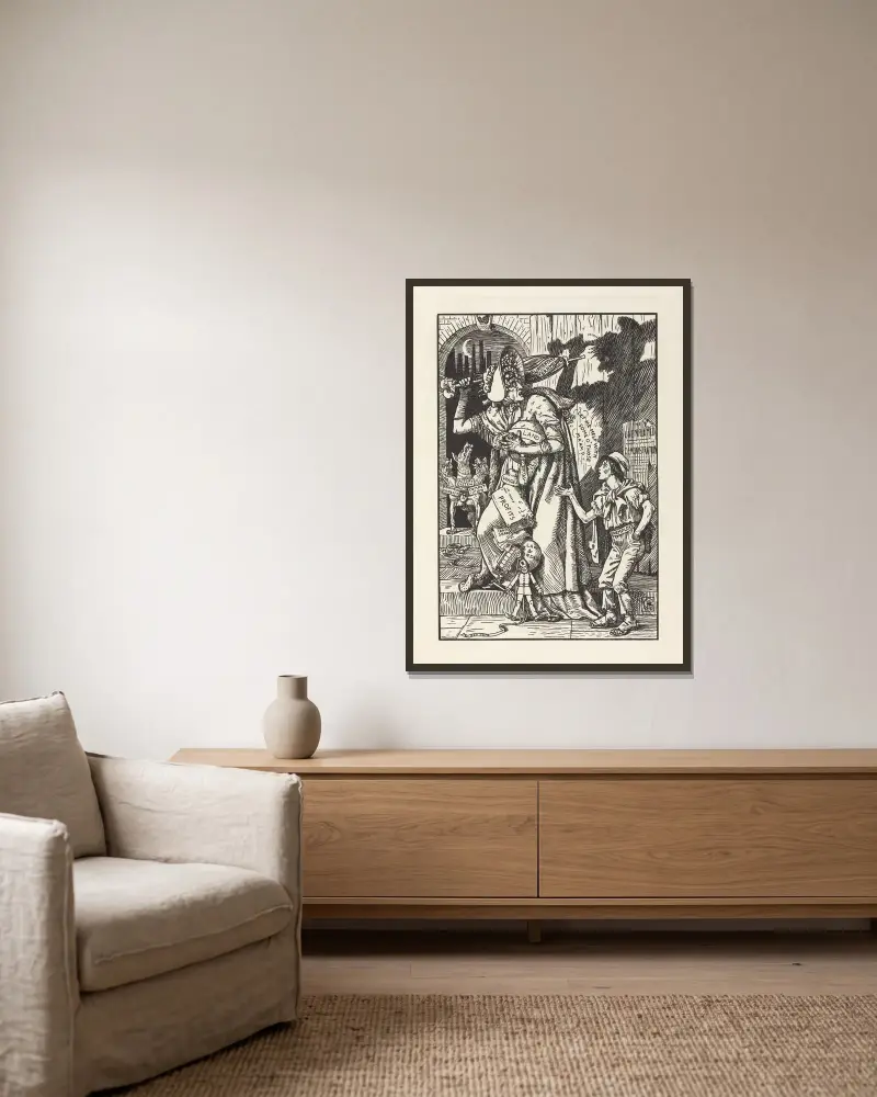 Karikaturen für die Sache Taf. 5 von Walter Crane gerahmt an einer Wand