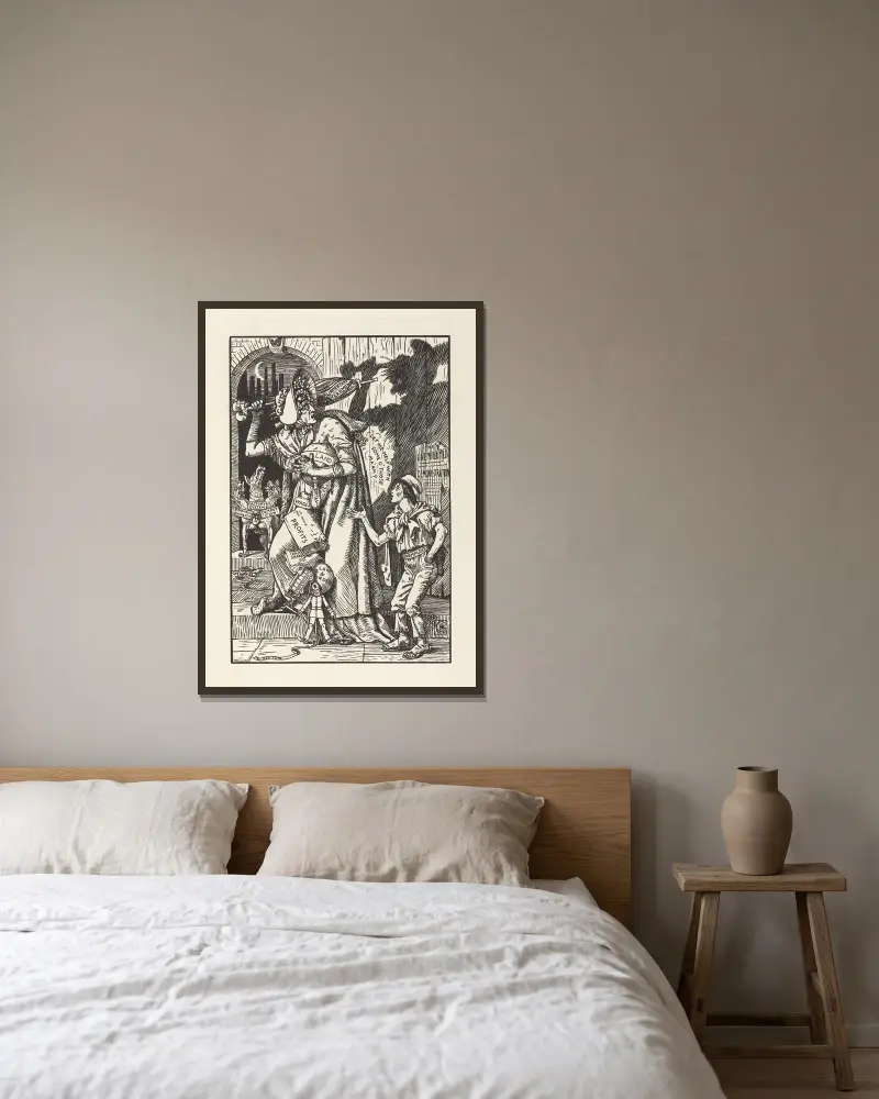 Karikaturen für die Sache Taf. 5 von Walter Crane gerahmt an einer Wand
