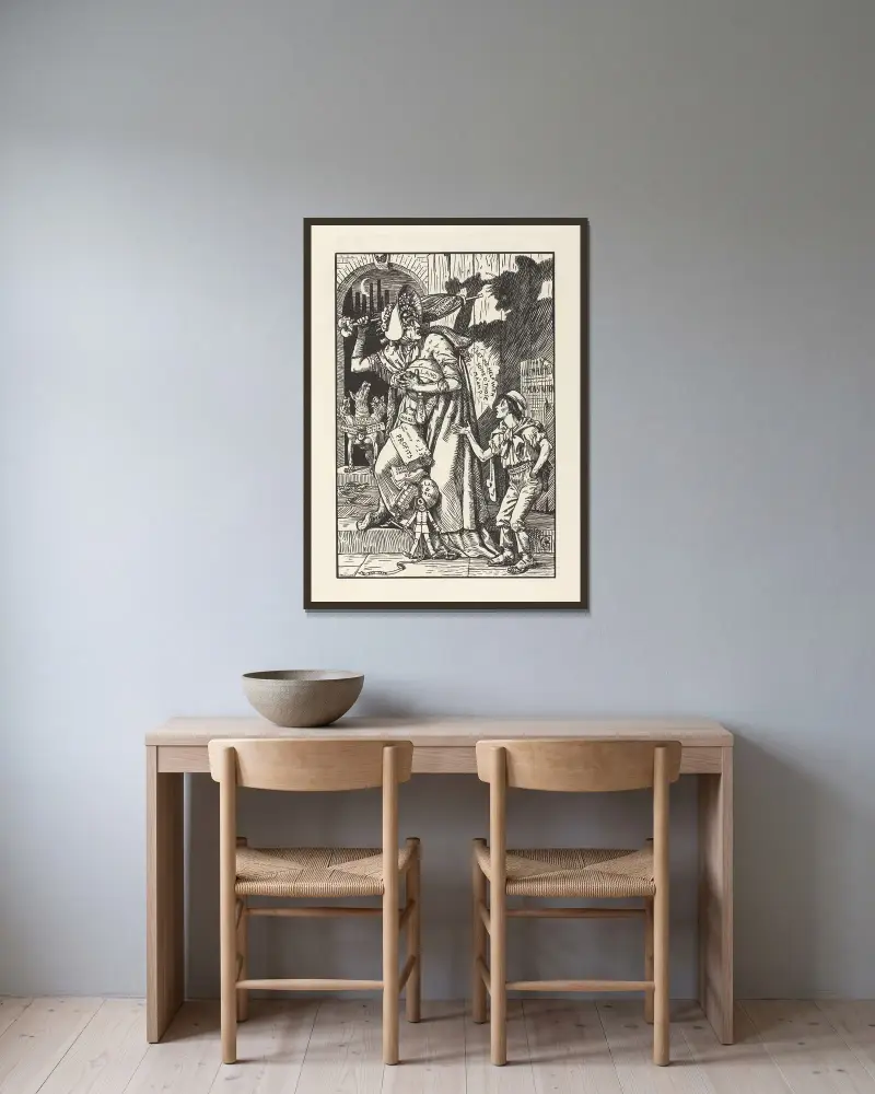 Karikaturen für die Sache Taf. 5 von Walter Crane gerahmt an einer Wand