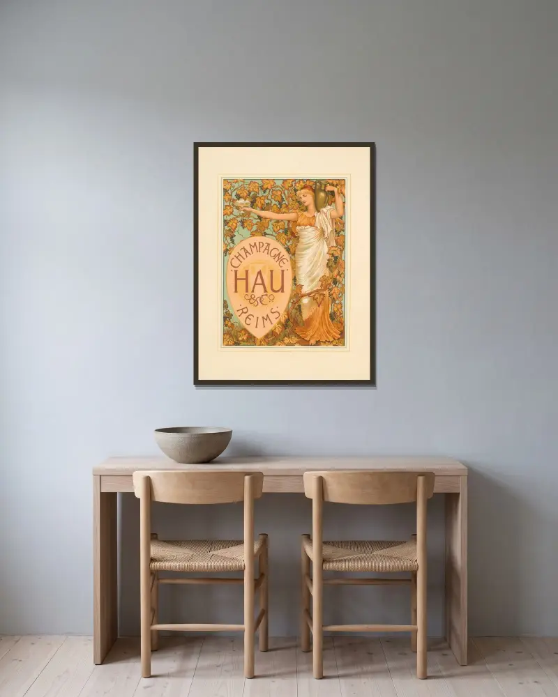 Champagne Hau & Co Reims av Walter Crane inramad på en vägg