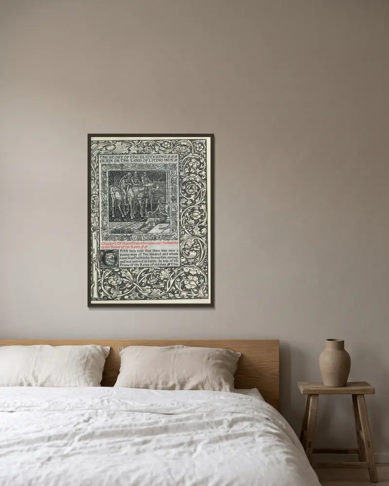 Kapitel I. Om de tre som kom till Hallblithe i korpens hus av Walter Crane inramad på en vägg
