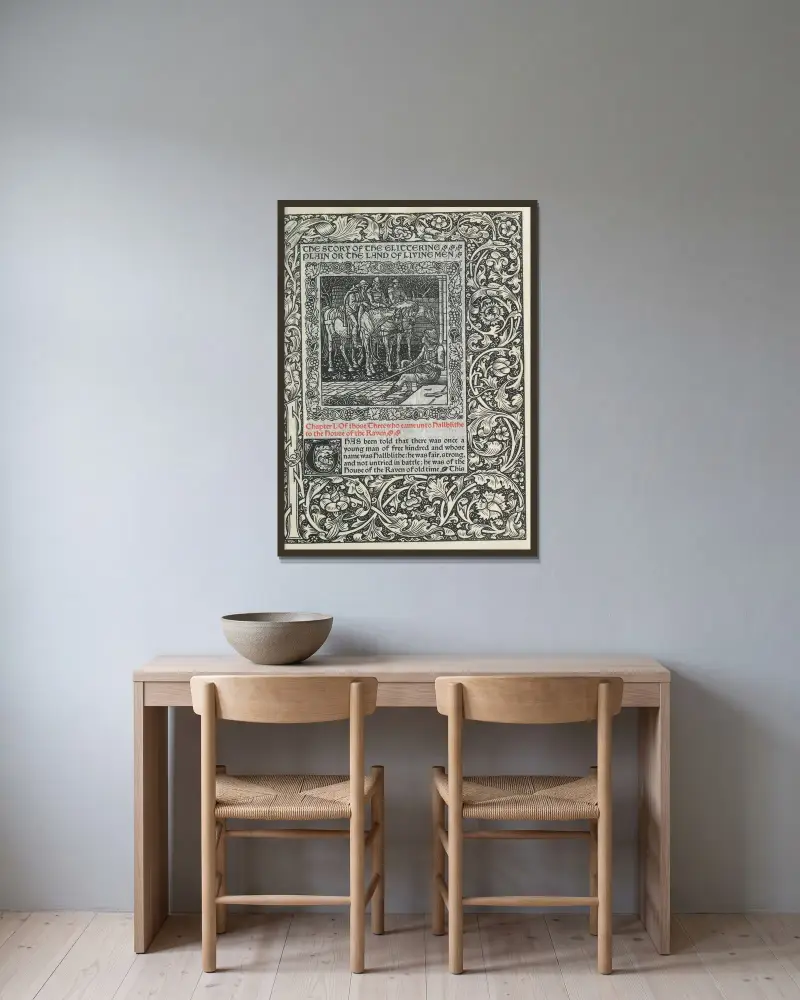 Kapitel I. Om de tre som kom till Hallblithe i korpens hus av Walter Crane inramad på en vägg