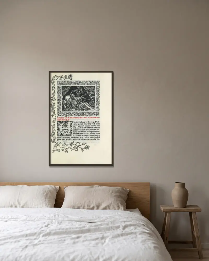 Kapitel IX. De kommer till den glittrande slättens land av Walter Crane inramad på en vägg