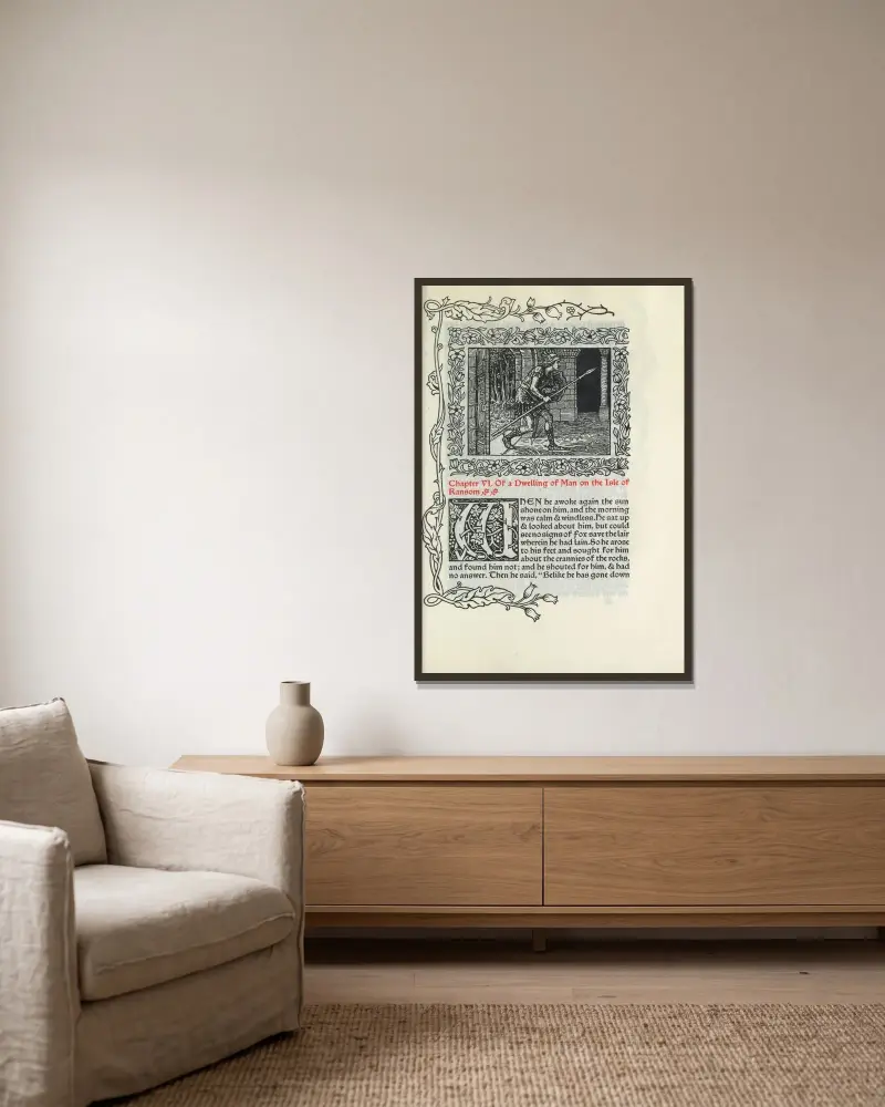 Kapitel VI. Von einer menschlichen Wohnung auf der Insel Ransom von Walter Crane gerahmt an einer Wand