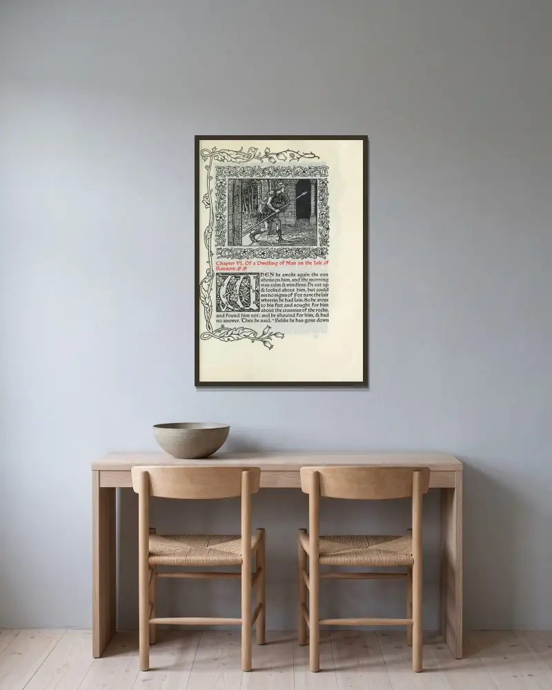 Kapitel VI. Von einer menschlichen Wohnung auf der Insel Ransom von Walter Crane gerahmt an einer Wand