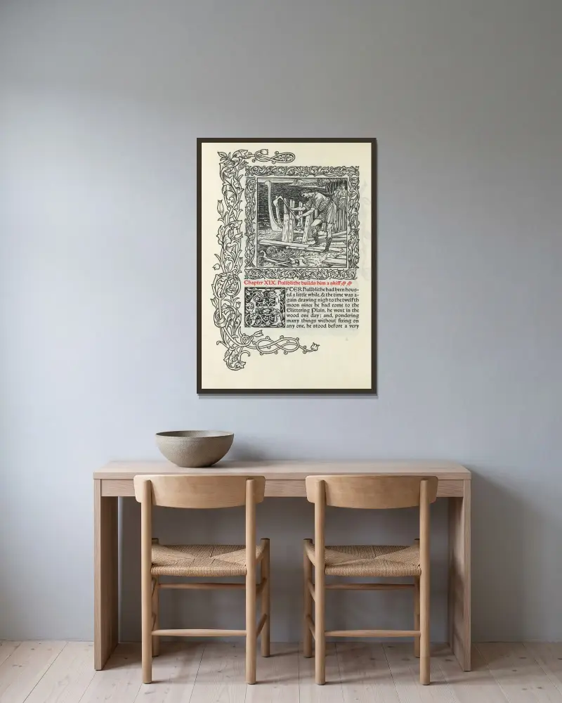 Kapitel XIX. Hallblithe bygger sig en skiff av Walter Crane inramad på en vägg